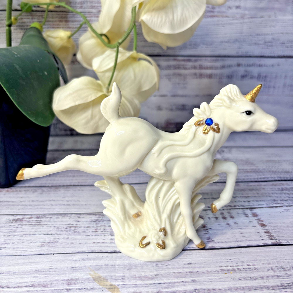 Vintage Porcelain Rearing Unicorn Figurine Gold Horn Hooves Ribbon Rhinestone